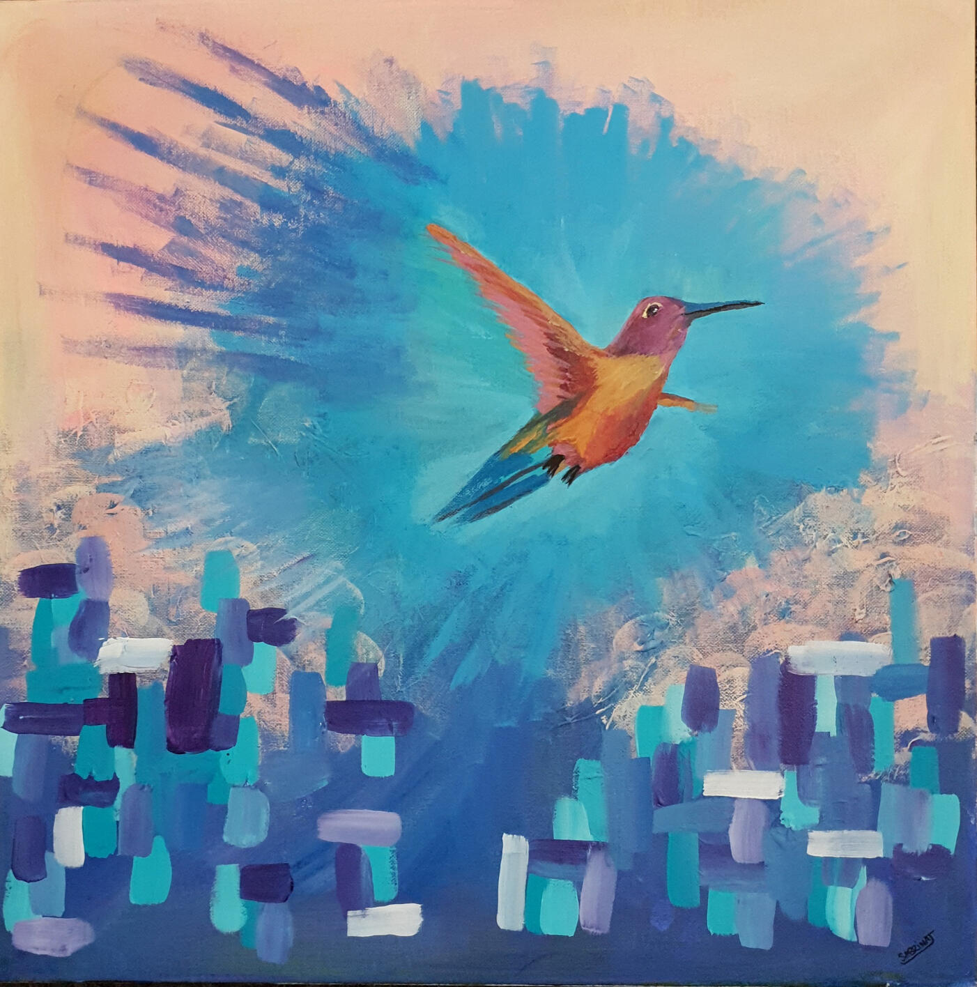 Schilderij van een kolibrie in oranje en rood voor een blauwe uitbarsting, boven blokjes in blauw, paars en turquoise